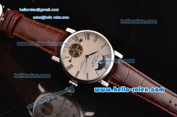 Patek Philippe Complications ST22 Automatic Steel Case with Black Roman Numeral Markers White Dial and Brown Leather Strap - Click Image to Close